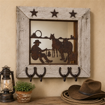 Cowboy Silhouette Barn Wood Mirror Hook Rack